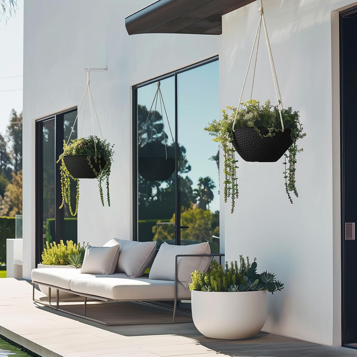 Hanging Planters for Outdoor Plants, Large Hanging Planter with Drain Holes, Outdoor Hanging Flower Pots, Matte Black, Honeycomb (13.2 Inch, Set of 2)