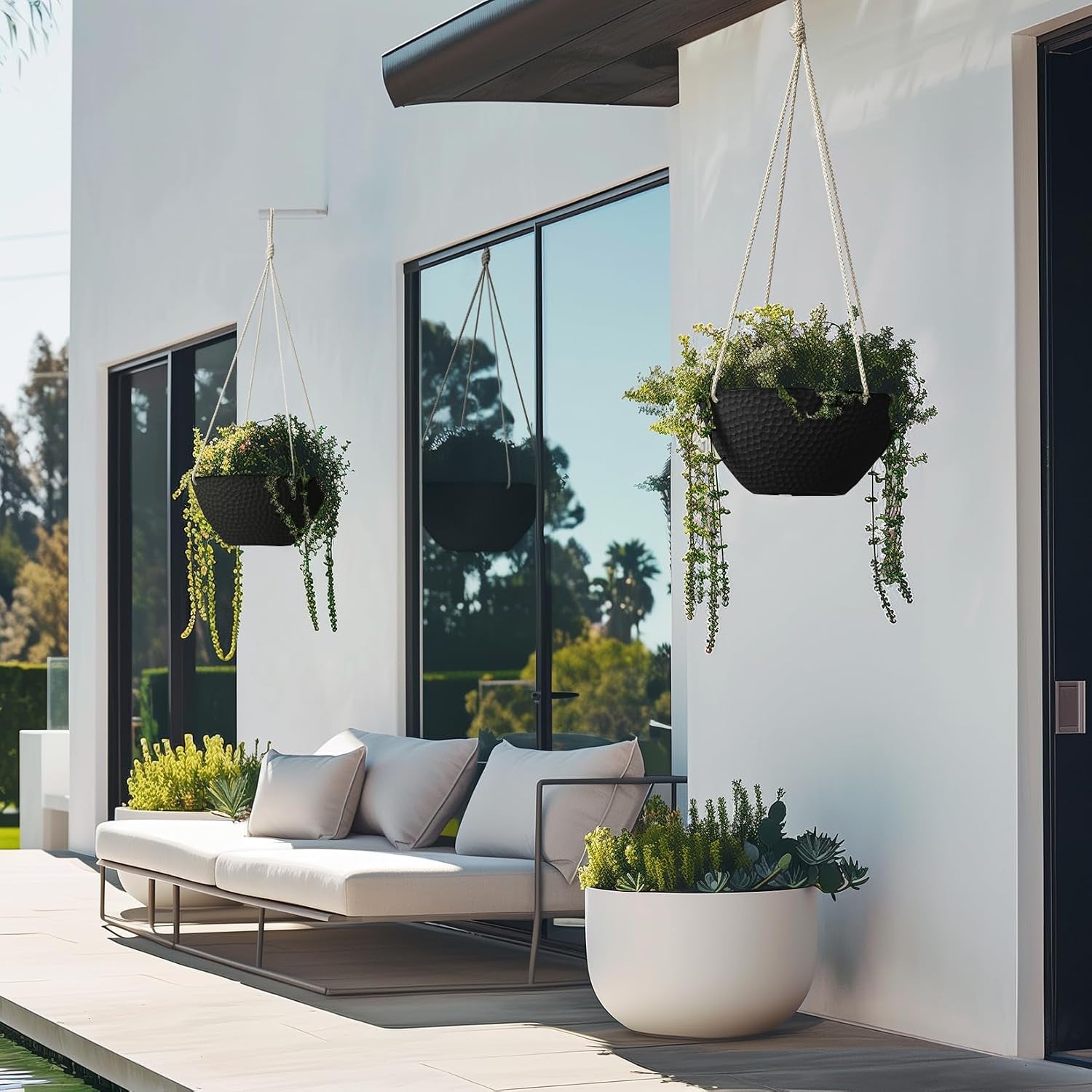 Hanging Planters for Outdoor Plants, Large Hanging Planter with Drain Holes, Outdoor Hanging Flower Pots, Matte Black, Honeycomb (13.2 Inch, Set of 2)