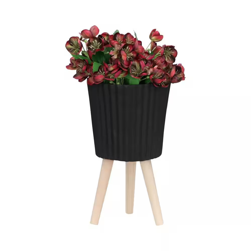 10 In. and 12 In. Black Resin Ridged Decorative Planter with Wood Legs (2-Pack)