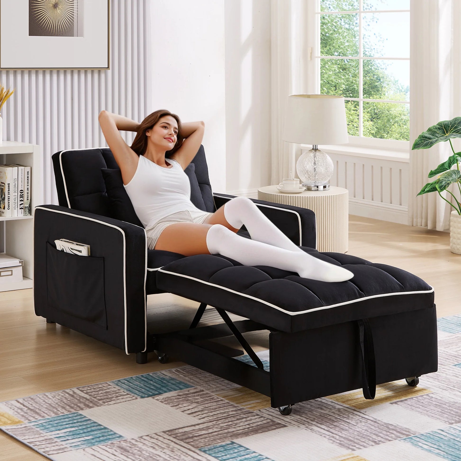 3-In-1 Convertible Chair Bed, Sleeper Chair Lounge Chair Indoor, Modern Single Pull Out Couch for Living Room, Black Velvet