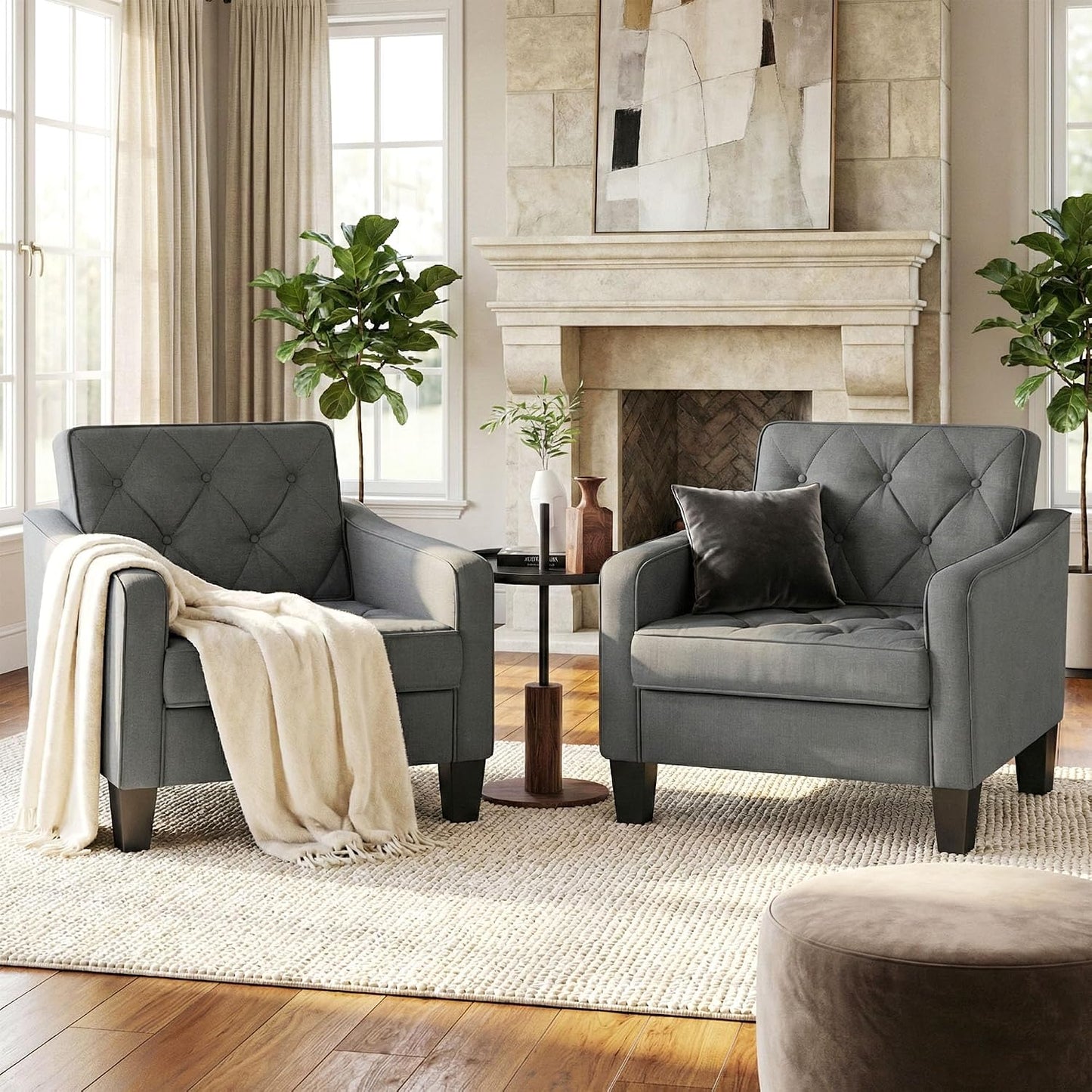 Grey Accent Chairs Set of 2, Wide Comfy Arm Chairs for Living Room, Office |  Tufted Club Chair, Reading Chairs for Bedroom, Waiting Area Seating, Small Space Office Chairs, Supportive Wide Seat