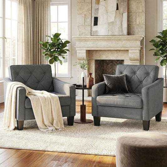 Grey Accent Chairs Set of 2, Wide Comfy Arm Chairs for Living Room, Office |  Tufted Club Chair, Reading Chairs for Bedroom, Waiting Area Seating, Small Space Office Chairs, Supportive Wide Seat