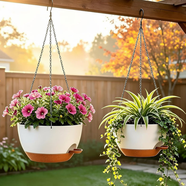 12 Inch Self Watering Hanging Planters 2 Pack, White Brown | Plastic Planters with Drainage Holes and Saucers. Suitable for Indoor, Outdoor, Kitchen, Balcony and Garden Plant Decor.