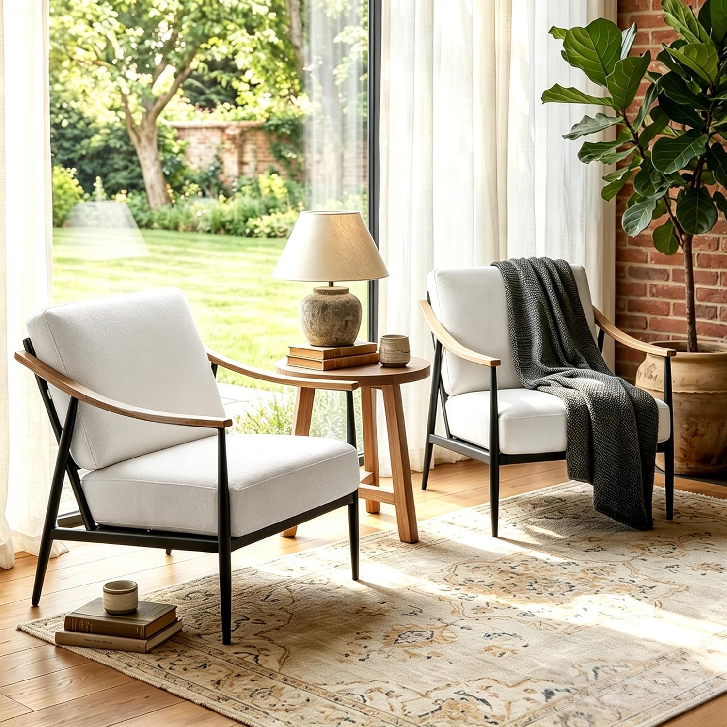 Modern Accent Chairs Set of 2 for Living Room Bedroom Mid Century Arm Chairs Upholstered Office Accent Chairs Comfy Waiting Room Chairs with Metal Frame, Cream White