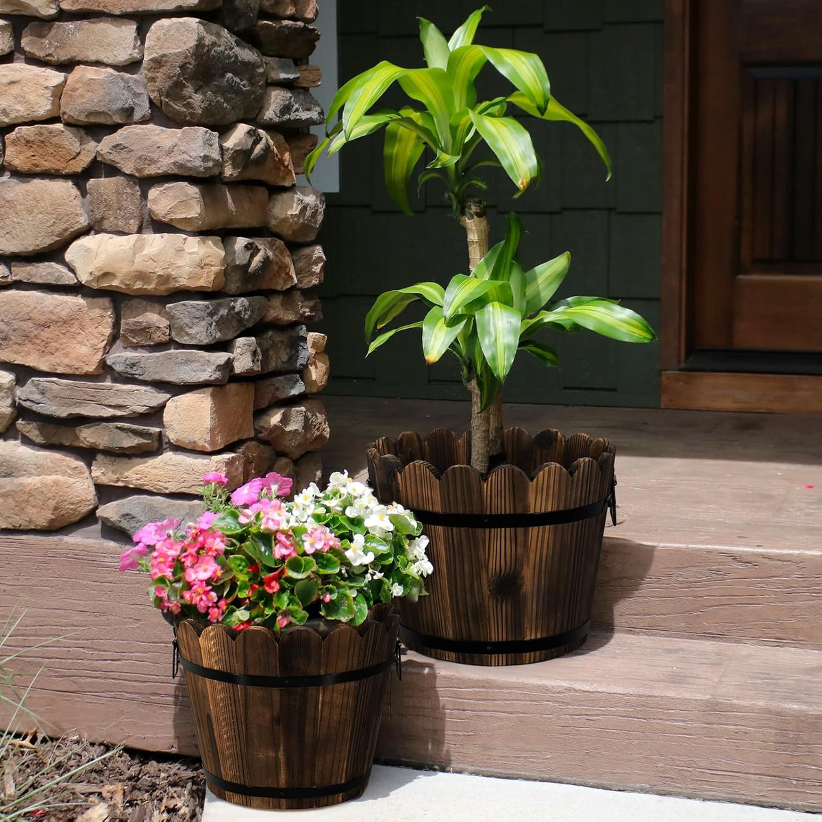 Wooden Barrel Planters Flower Pots for Indoor Outdoor Plants, 10+11.5 Inch Rustic Patio Garden Front Porch Planters Plant Pots Outdoor Decor Set of 2