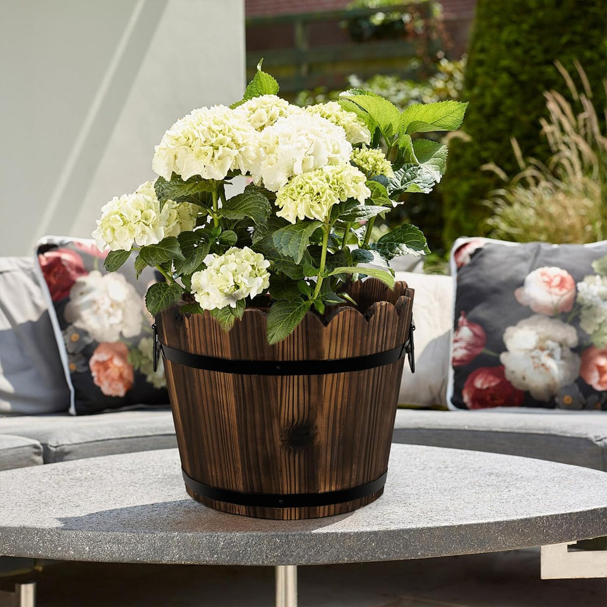 Wooden Barrel Planters Flower Pots for Indoor Outdoor Plants, 10+11.5 Inch Rustic Patio Garden Front Porch Planters Plant Pots Outdoor Decor Set of 2