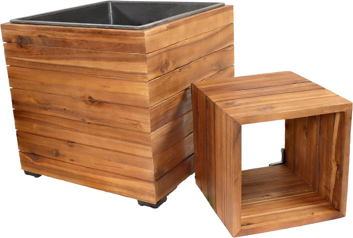 Sunnydaze Indoor/Outdoor Wooden Planter Boxes - 2 Acacia Wood Square Plant Pots with Removable Liners - Light Brown Stain