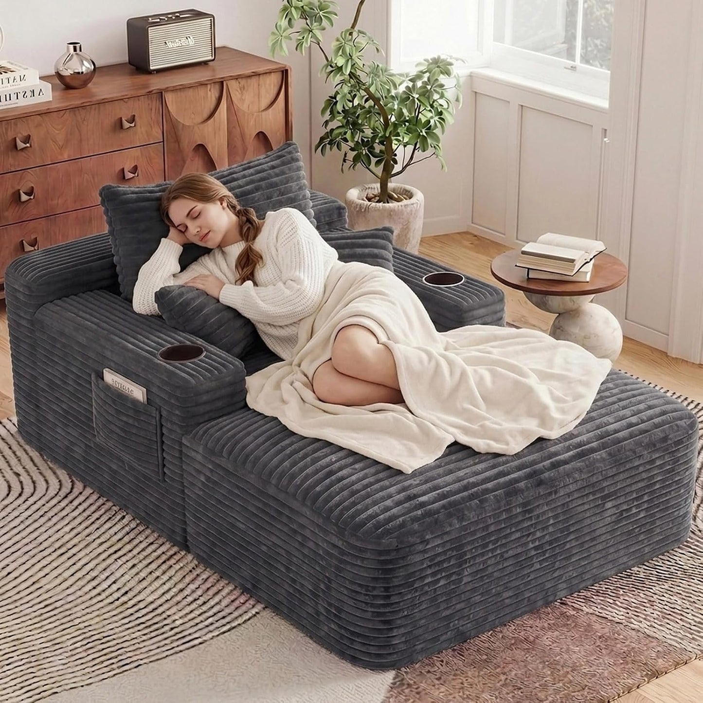65" Oversized Chaise Lounge Chair Indoor, Boneless Chaise Lounge Chair with Cup Holders Side Pockets 3 Pillows, Cloud Corduroy Chaise Sofa Bed Sleeper Couches for Living Room No Assembly Require,Grey