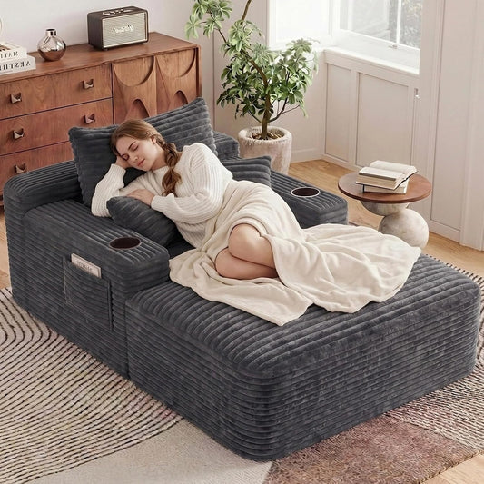 65" Oversized Chaise Lounge Chair Indoor, Boneless Chaise Lounge Chair with Cup Holders Side Pockets 3 Pillows, Cloud Corduroy Chaise Sofa Bed Sleeper Couches for Living Room No Assembly Require,Grey