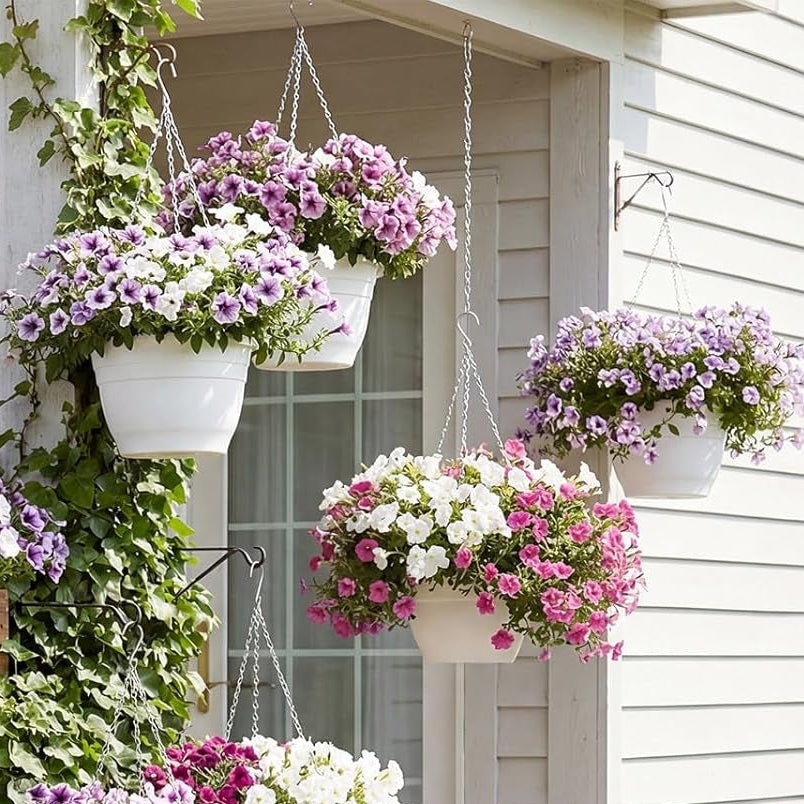 10 Pack 11 Inch Plastic Hanging Planter Bulk White Hanging Baskets for Plants with Drainage Trays Self Watering Plant Pot Outdoor Indoor Planter for Garden, Balcony, Porch, Patio Decor
