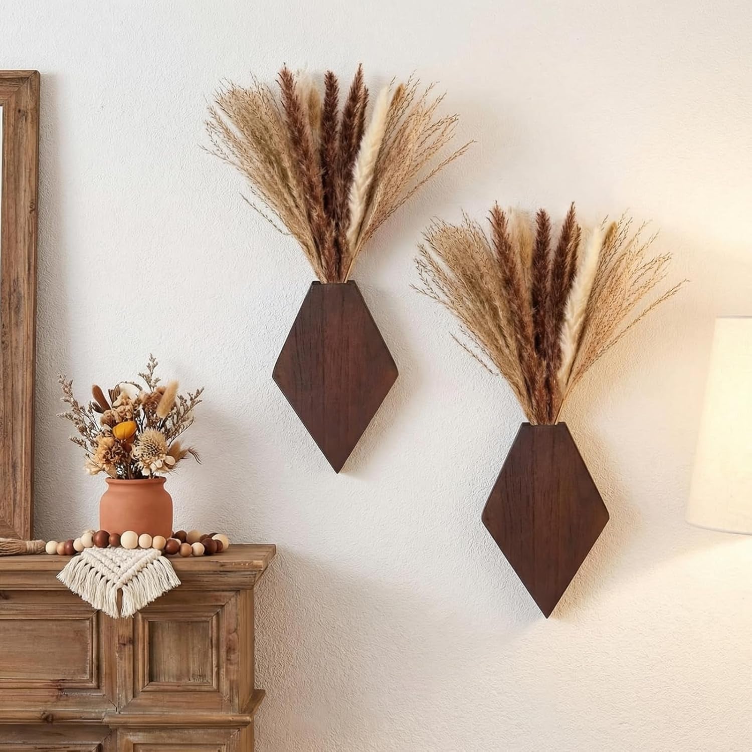 2 Pcs Bohemian Wooden Wall Planter Set with Pampas Grass Modern Farmhouse Wall Decor for Living Room, Bathroom, Bedroom, Office(Brown,Regular Style)