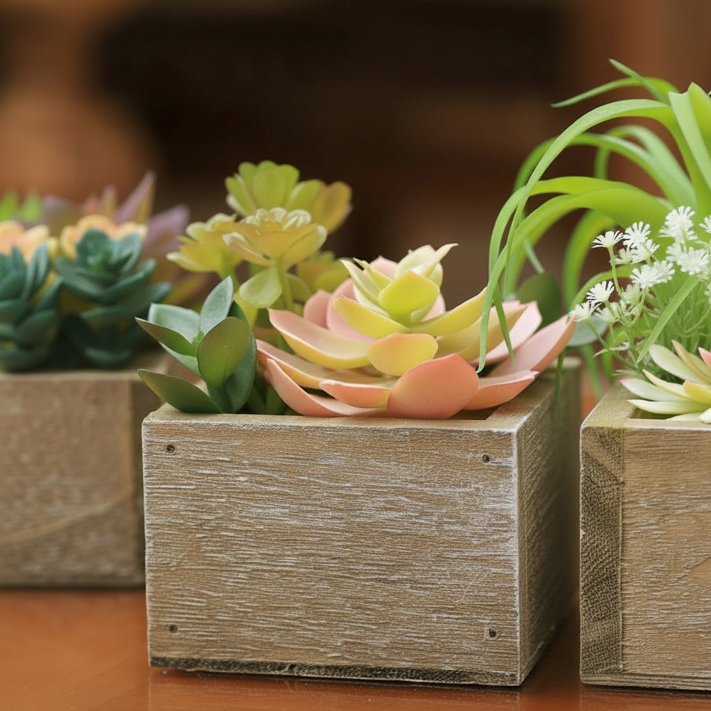 Artificial Succulents Indoor, Set of 3 Mini Potted Greenery in Rustic Wood Planters, Tabletop Accent for Office, Bathroom Shelf, Home Decor