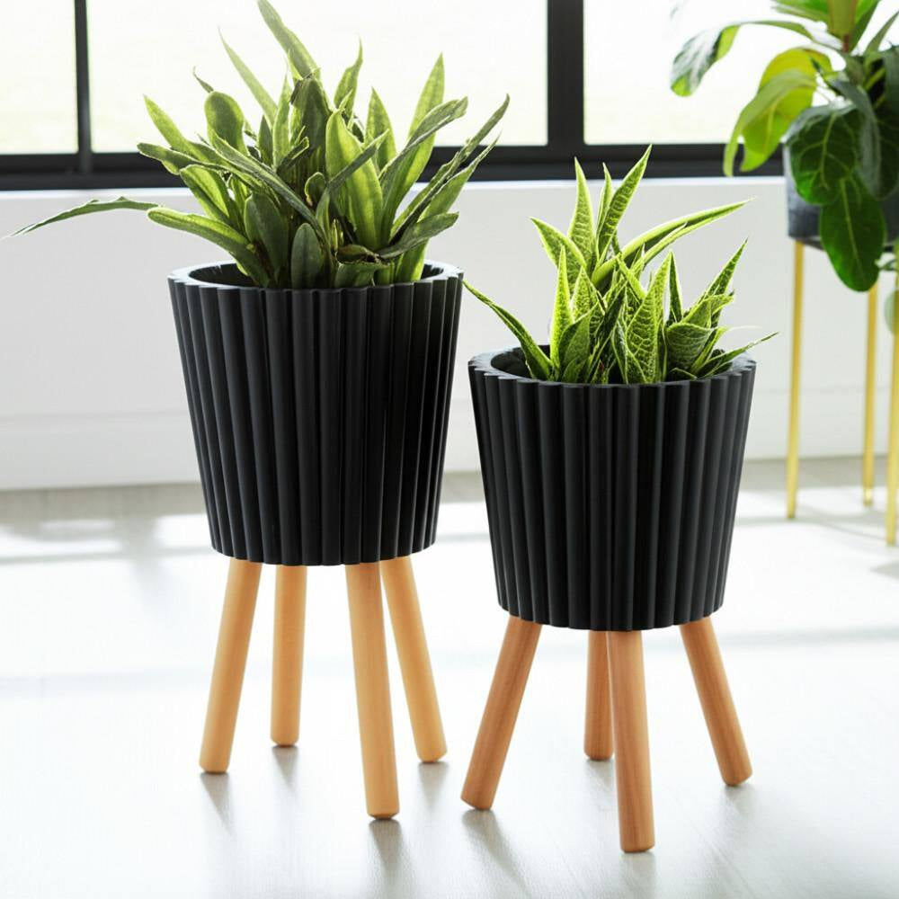 10 In. and 12 In. Black Resin Ridged Decorative Planter with Wood Legs (2-Pack)