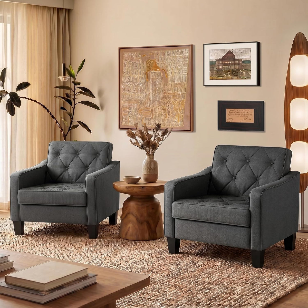 Grey Accent Chairs Set of 2, Wide Comfy Arm Chairs for Living Room, Office |  Tufted Club Chair, Reading Chairs for Bedroom, Waiting Area Seating, Small Space Office Chairs, Supportive Wide Seat