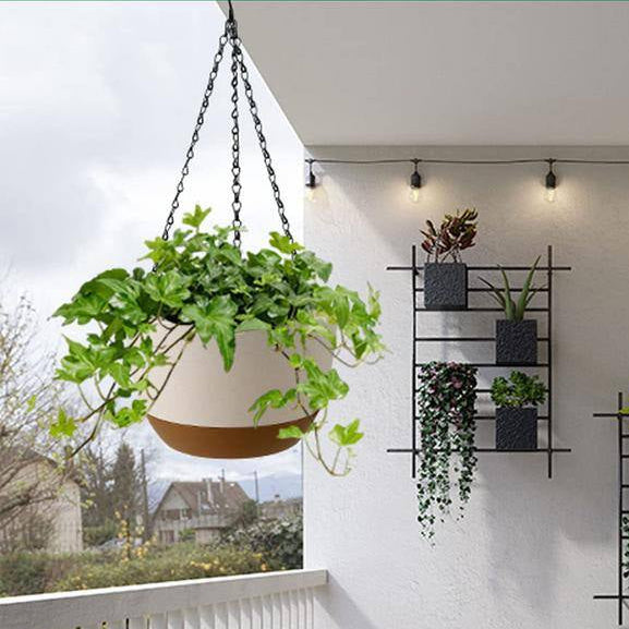 10 In. Dia White Plastic Self-Watering Hanging Planters with Drainage and Dual Hangers (2-Pack)