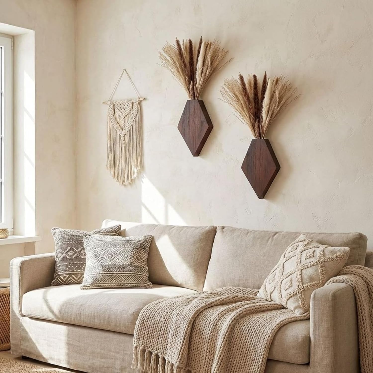 2 Pcs Bohemian Wooden Wall Planter Set with Pampas Grass Modern Farmhouse Wall Decor for Living Room, Bathroom, Bedroom, Office(Brown,Regular Style)