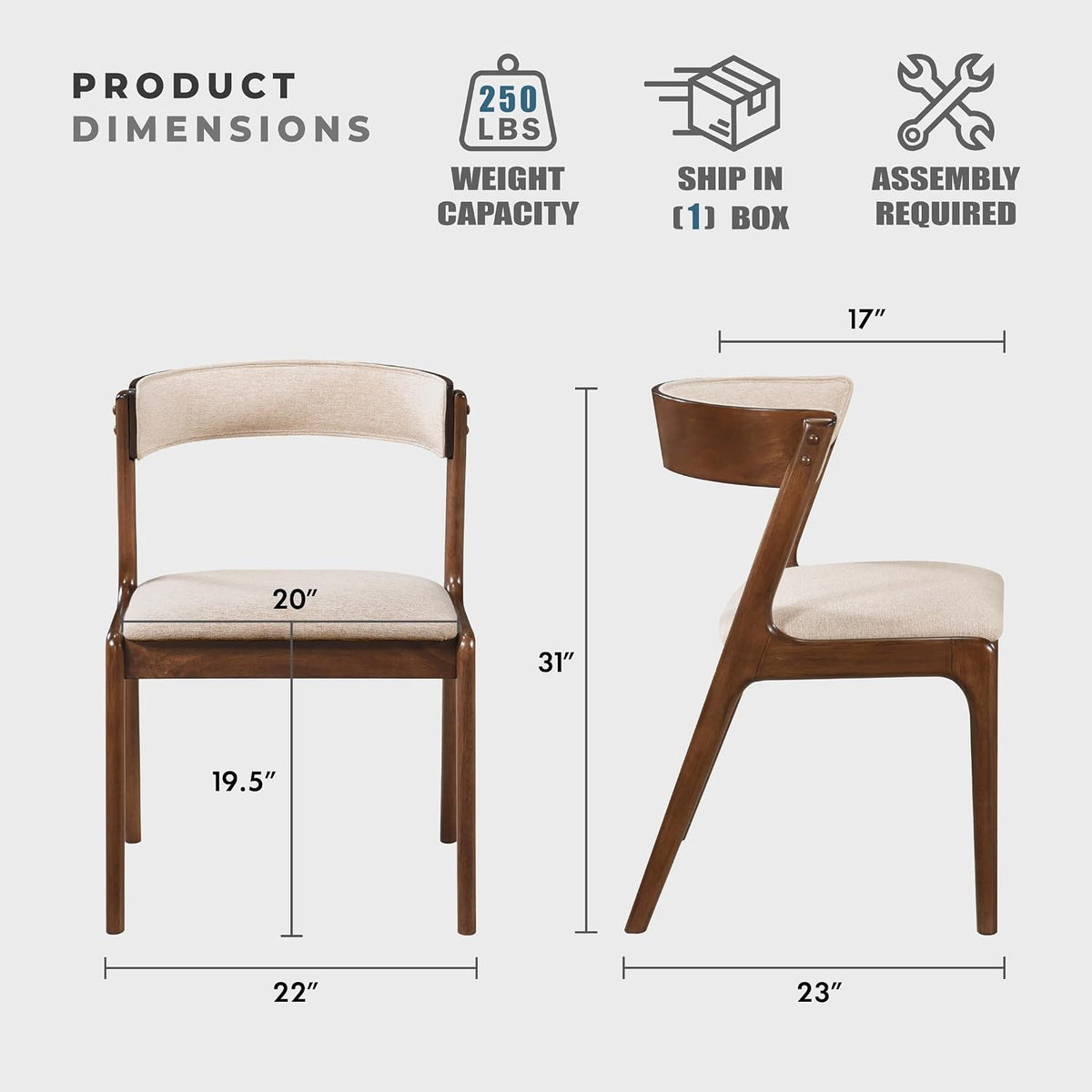 Kitchen & Dining Room Chairs, Dining Chairs Set of 2, Fabric Upholstered Dining Chairs, Rubberwood Armless Dining Chairs with Curved Back, Modern Dining Chair, Easy Assembly, Walnut
