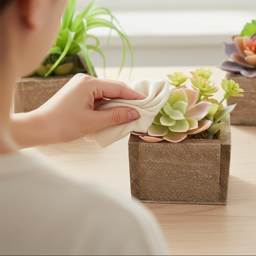 Artificial Succulents Indoor, Set of 3 Mini Potted Greenery in Rustic Wood Planters, Tabletop Accent for Office, Bathroom Shelf, Home Decor