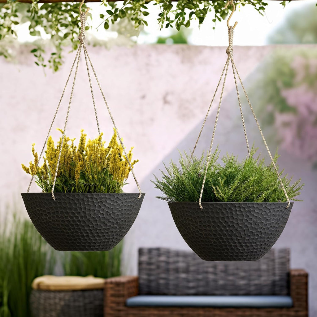 Hanging Planters for Outdoor Plants, Large Hanging Planter with Drain Holes, Outdoor Hanging Flower Pots, Matte Black, Honeycomb (13.2 Inch, Set of 2)