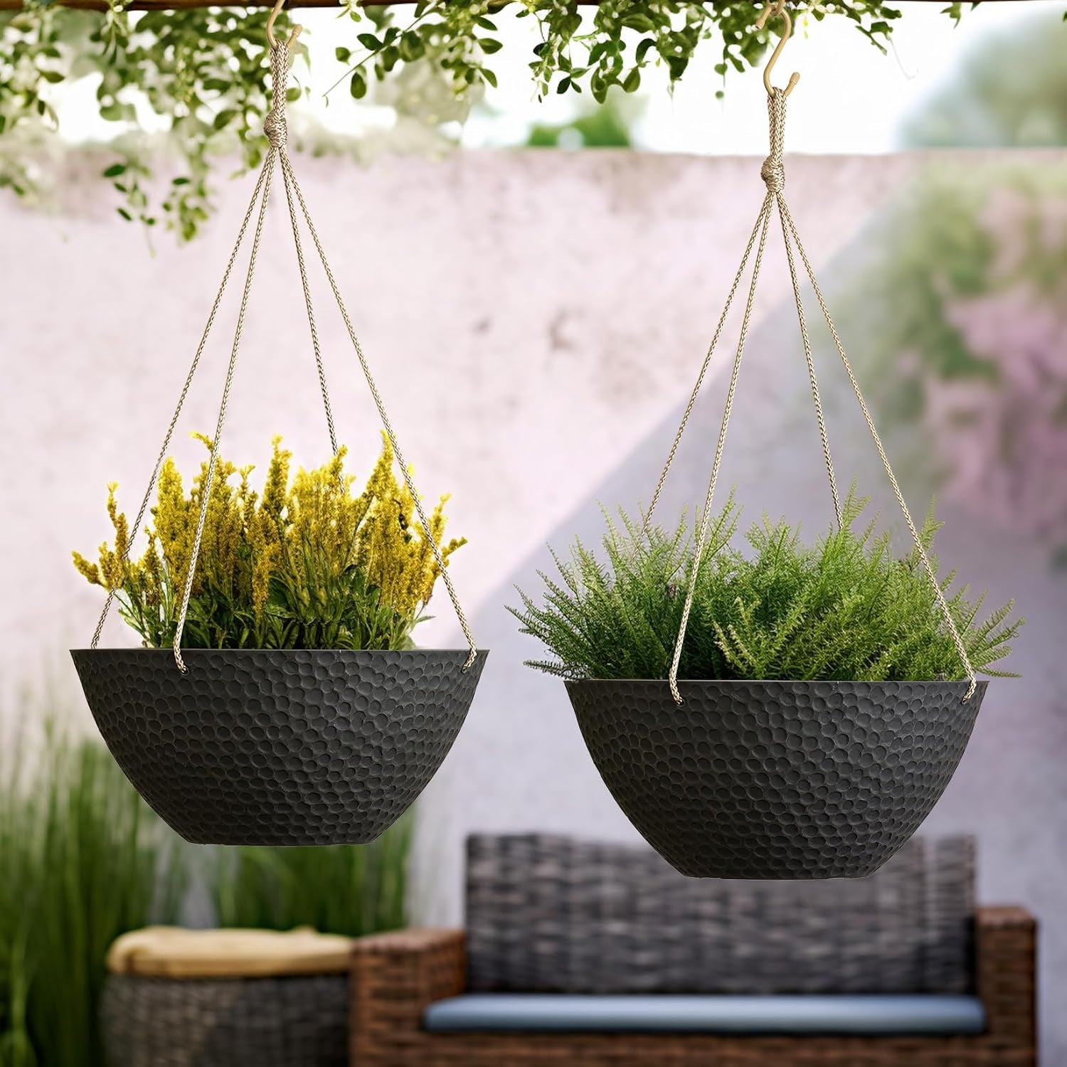 Hanging Planters for Outdoor Plants, Large Hanging Planter with Drain Holes, Outdoor Hanging Flower Pots, Matte Black, Honeycomb (13.2 Inch, Set of 2)