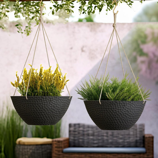 Hanging Planters for Outdoor Plants, Large Hanging Planter with Drain Holes, Outdoor Hanging Flower Pots, Matte Black, Honeycomb (13.2 Inch, Set of 2)