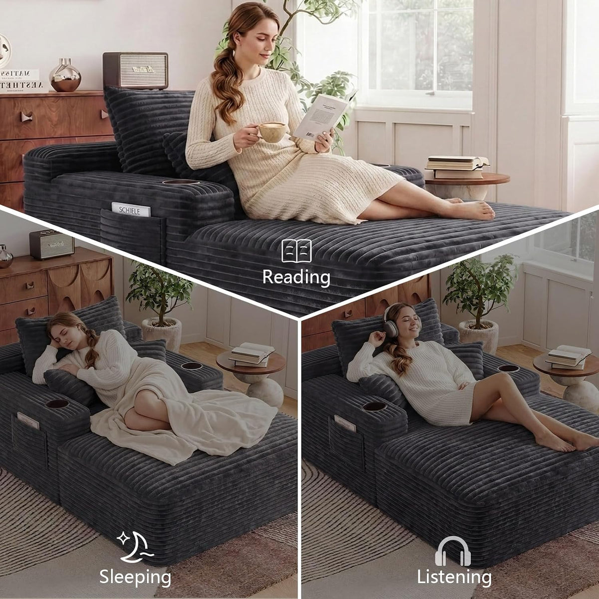 65" Oversized Chaise Lounge Chair Indoor, Boneless Chaise Lounge Chair with Cup Holders Side Pockets 3 Pillows, Cloud Corduroy Chaise Sofa Bed Sleeper Couches for Living Room No Assembly Require,Grey