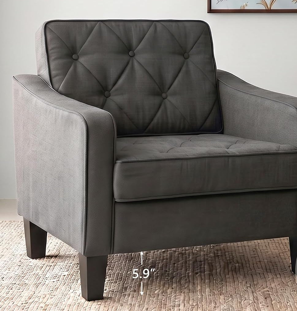 Grey Accent Chairs Set of 2, Wide Comfy Arm Chairs for Living Room, Office |  Tufted Club Chair, Reading Chairs for Bedroom, Waiting Area Seating, Small Space Office Chairs, Supportive Wide Seat