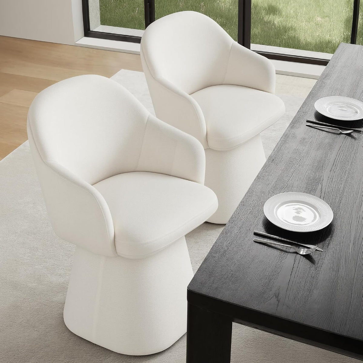 Swivel Dining Chairs Set of 2, Upholstered Modern Barrel Dining Chairs with 360° Swivel Base, Chenille Velvet Fabric Accent Kitchen Chairs with Arms, Padded Dining Room Chairs, Cream