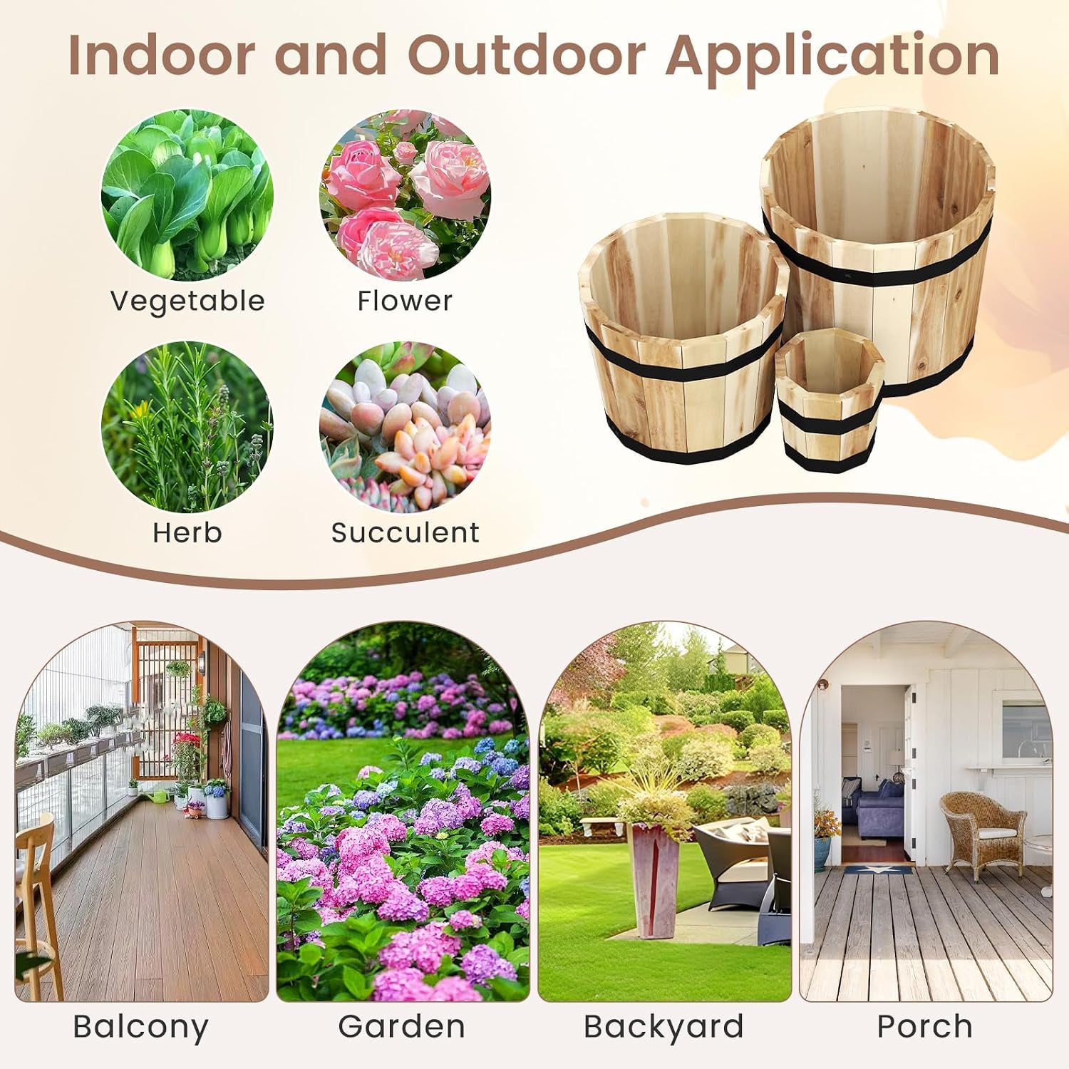 Wooden Plant Pots, 3 Solid Acacia Wood Whiskey Barrel Planters W/Drainage Holes for Flower Herb Shrub, Multi Sizes Indoor Outdoor Patio Planting Flower Pots Home Decoration