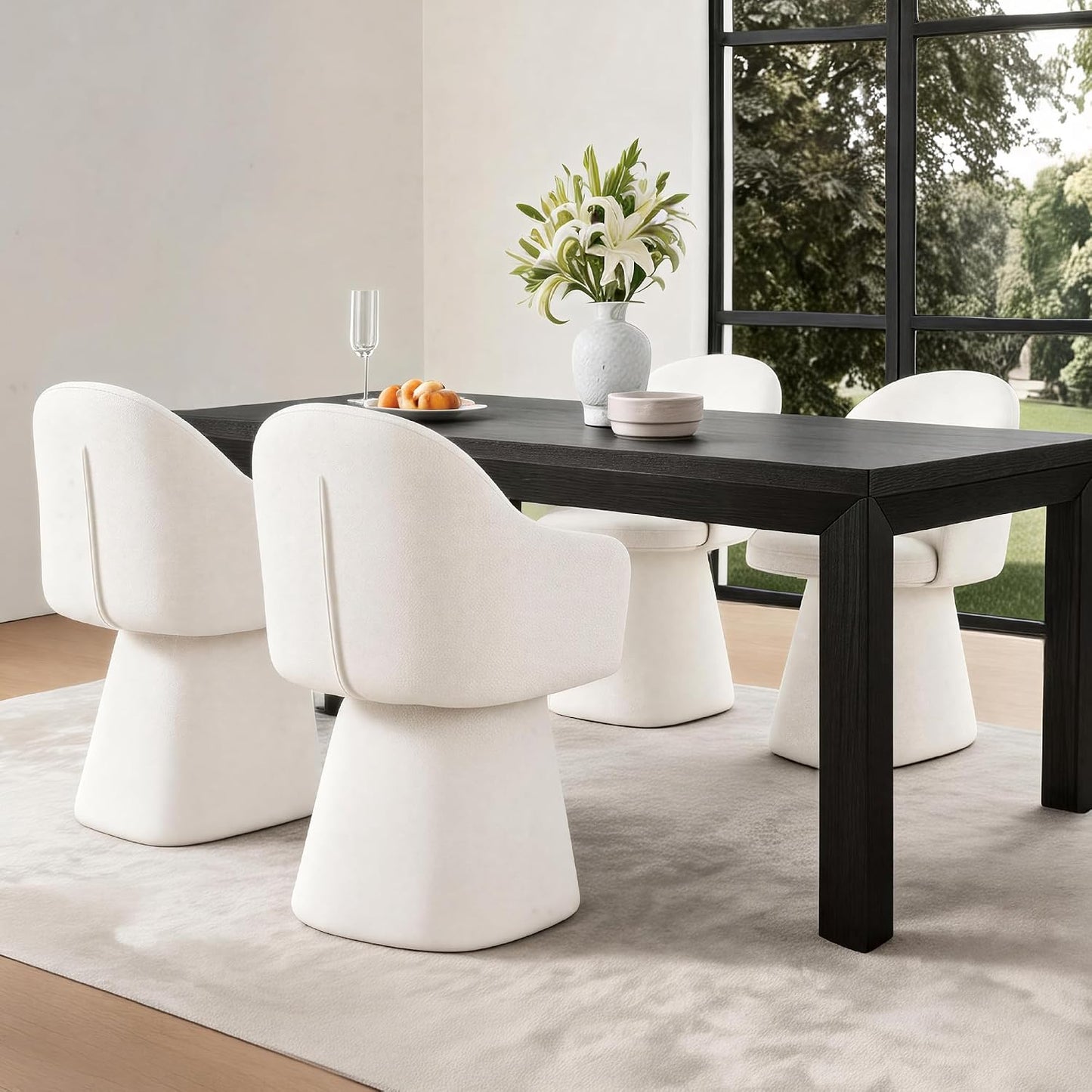 Swivel Dining Chairs Set of 2, Upholstered Modern Barrel Dining Chairs with 360° Swivel Base, Chenille Velvet Fabric Accent Kitchen Chairs with Arms, Padded Dining Room Chairs, Cream
