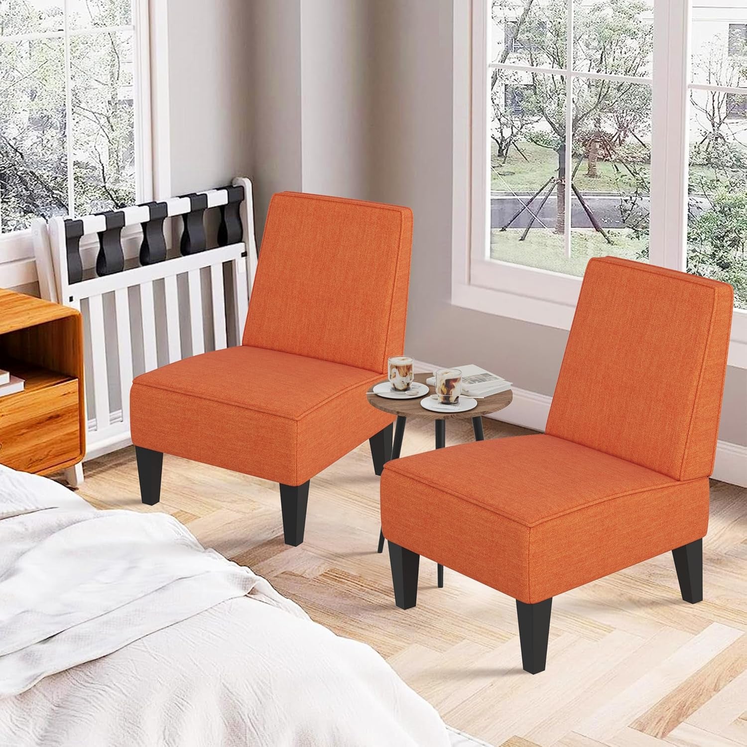 Accent Chairs Set of 2 Upholstered Living Room Chairs Armless Side Chairs Bedroom Chairs with Curved Backrest and Wooden Legs Orange