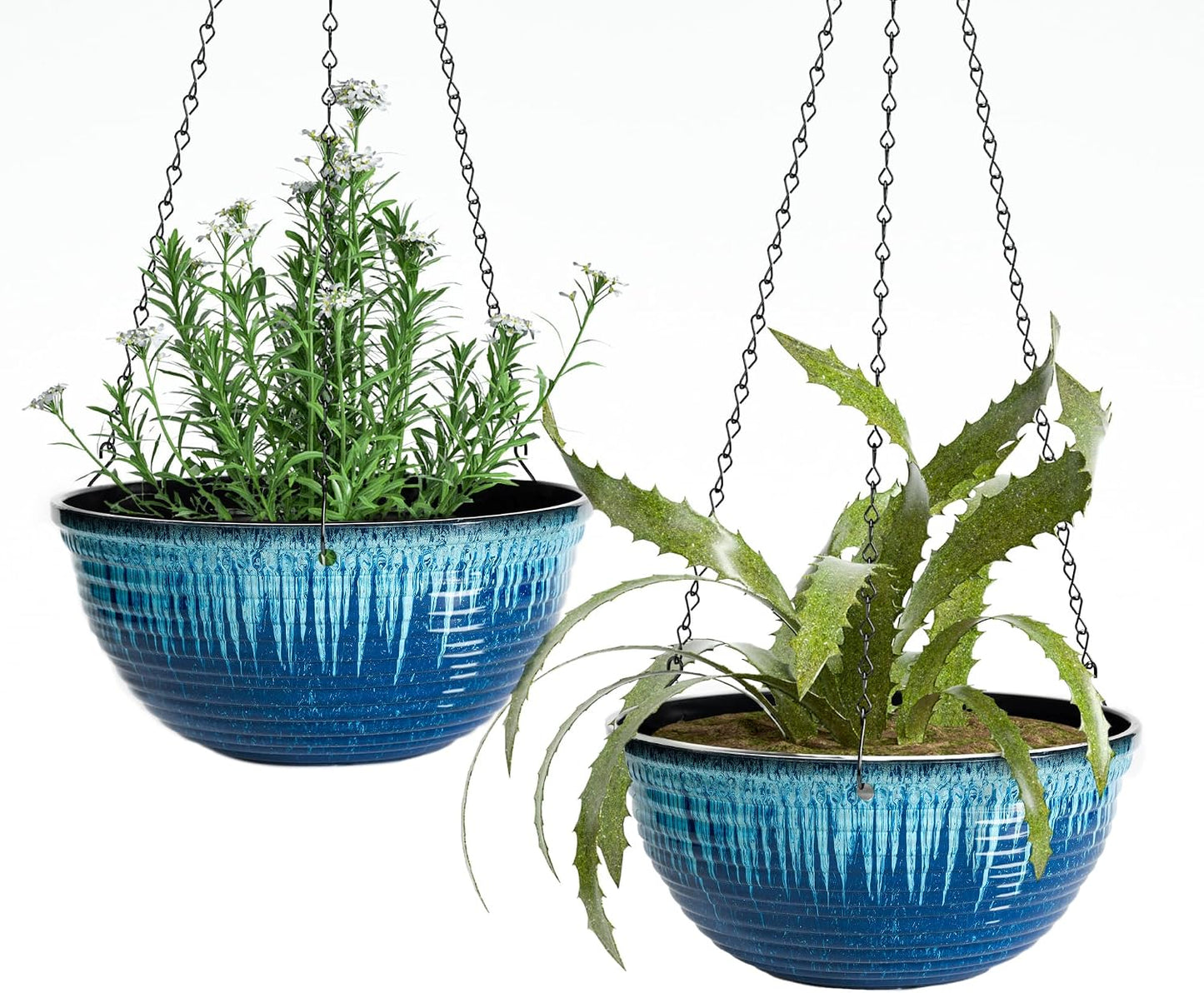 12 Inch Hanging Planters for Indoor Outdoor Plants, 2 Pack Large Hanging Flower Pots with Drainage Holes and Chain, Glazed Hanging Baskets for Home Garden Decoration (Blue Flow Glaze)