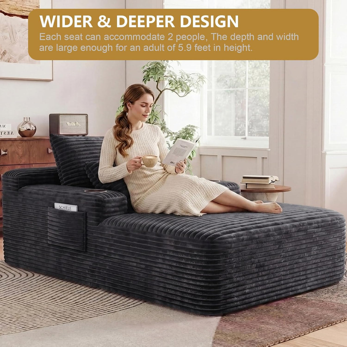65" Oversized Chaise Lounge Chair Indoor, Boneless Chaise Lounge Chair with Cup Holders Side Pockets 3 Pillows, Cloud Corduroy Chaise Sofa Bed Sleeper Couches for Living Room No Assembly Require,Grey