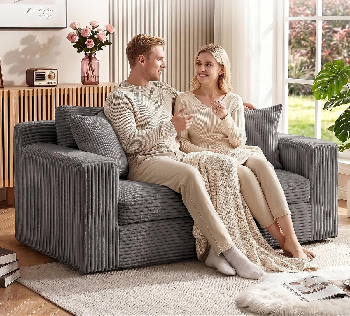 Boneless Loveseat Sofa Couch, 2 in 1 Convertible Sofa Bed with Pillows, Fold Out Bean Bag Chair Boneless Floor Couch for Living Room Bedroom Office Lounge Apartment, No Assembly Needed, Grey
