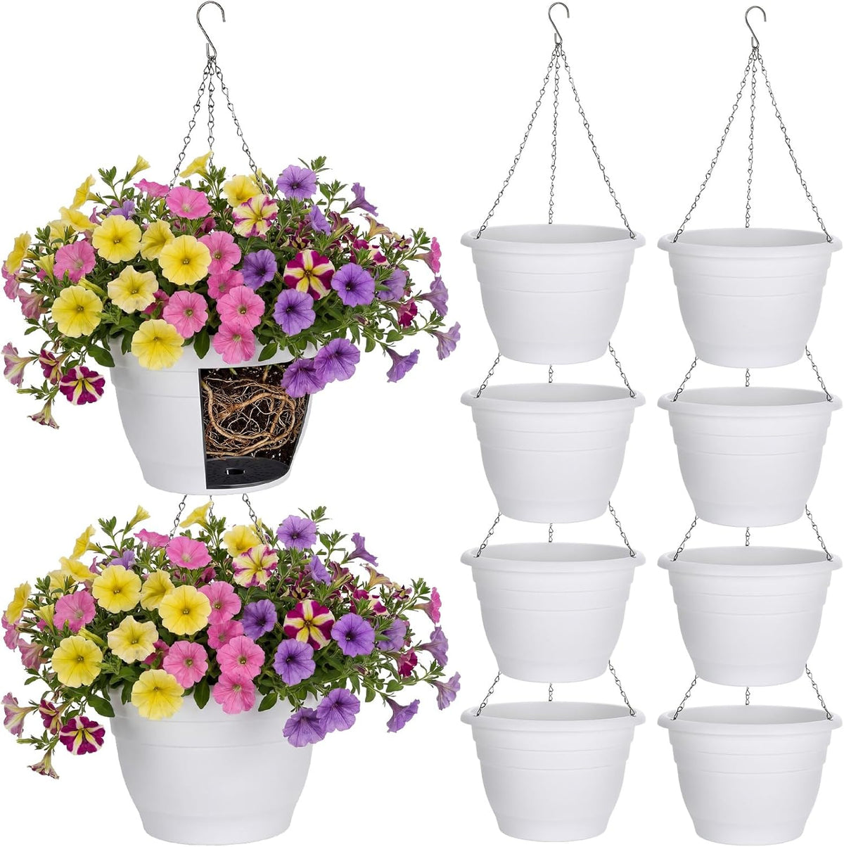 10 Pack 11 Inch Plastic Hanging Planter Bulk White Hanging Baskets for Plants with Drainage Trays Self Watering Plant Pot Outdoor Indoor Planter for Garden, Balcony, Porch, Patio Decor