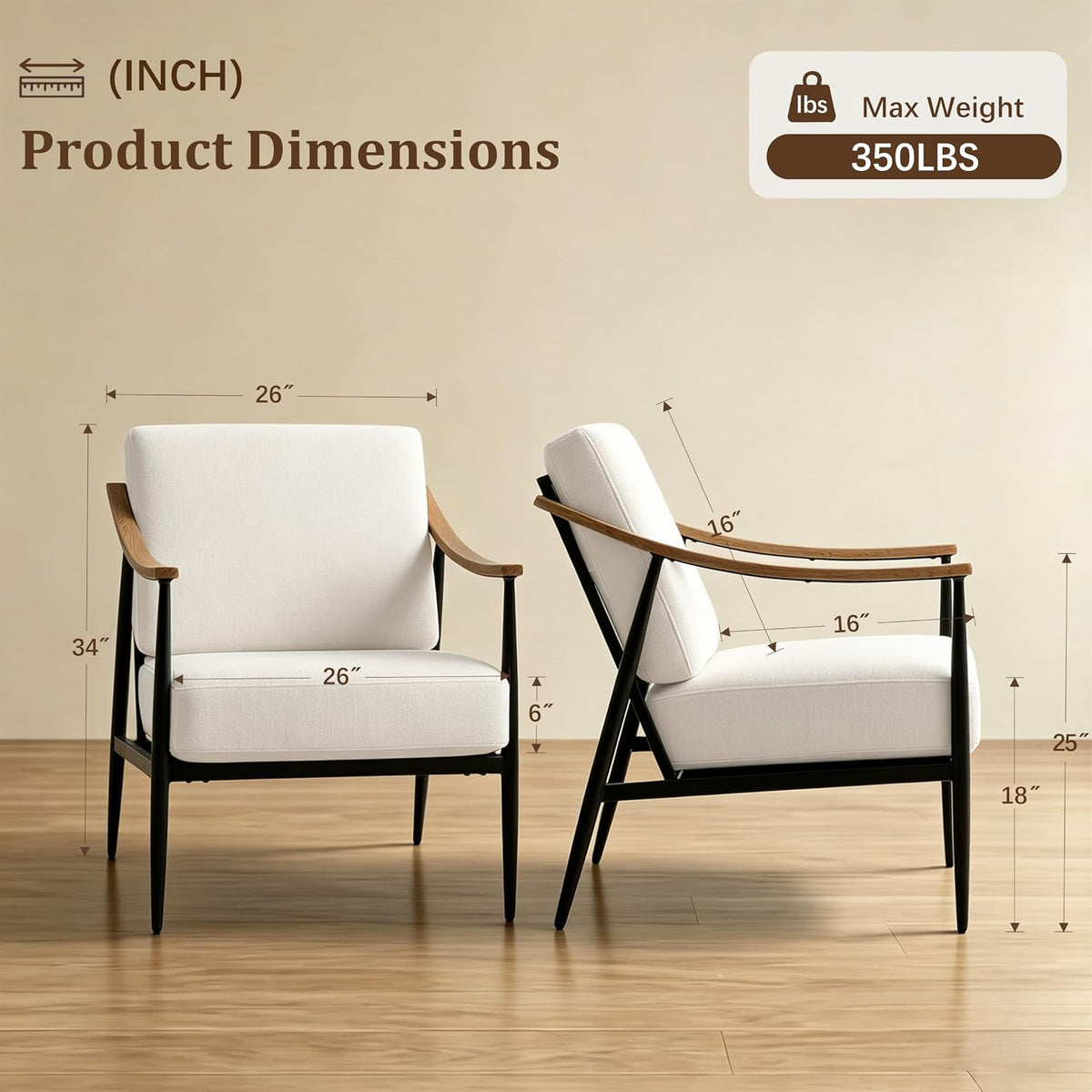 Modern Accent Chairs Set of 2 for Living Room Bedroom Mid Century Arm Chairs Upholstered Office Accent Chairs Comfy Waiting Room Chairs with Metal Frame, Cream White