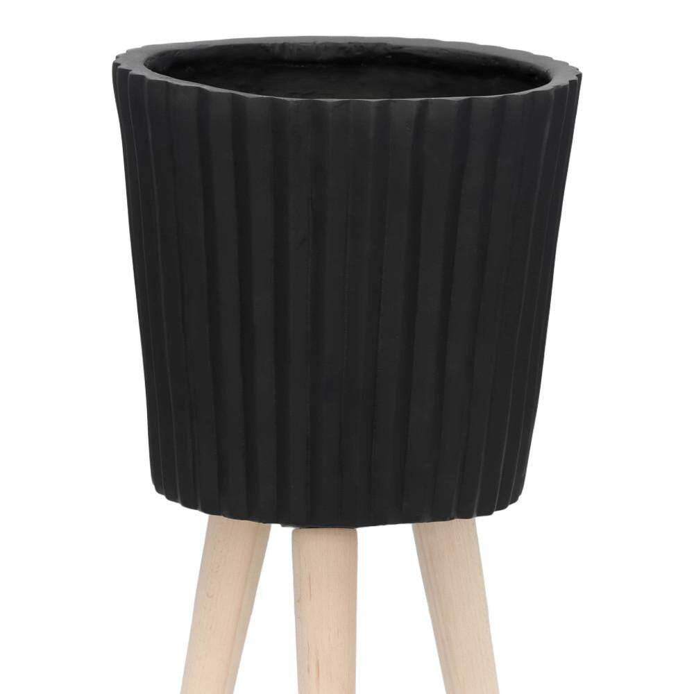 10 In. and 12 In. Black Resin Ridged Decorative Planter with Wood Legs (2-Pack)