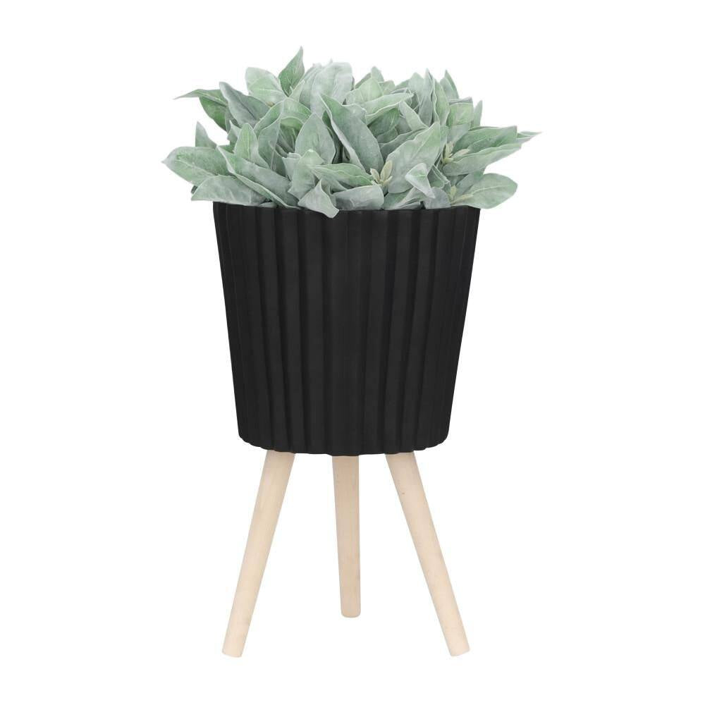 10 In. and 12 In. Black Resin Ridged Decorative Planter with Wood Legs (2-Pack)