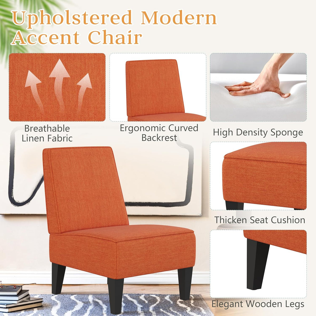 Accent Chairs Set of 2 Upholstered Living Room Chairs Armless Side Chairs Bedroom Chairs with Curved Backrest and Wooden Legs Orange