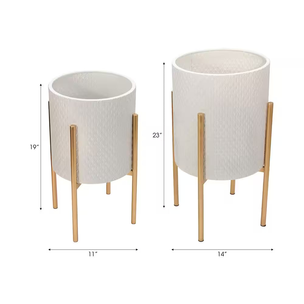 11 In. and 14 In. White Metal with Stand Planters (Set of 2)