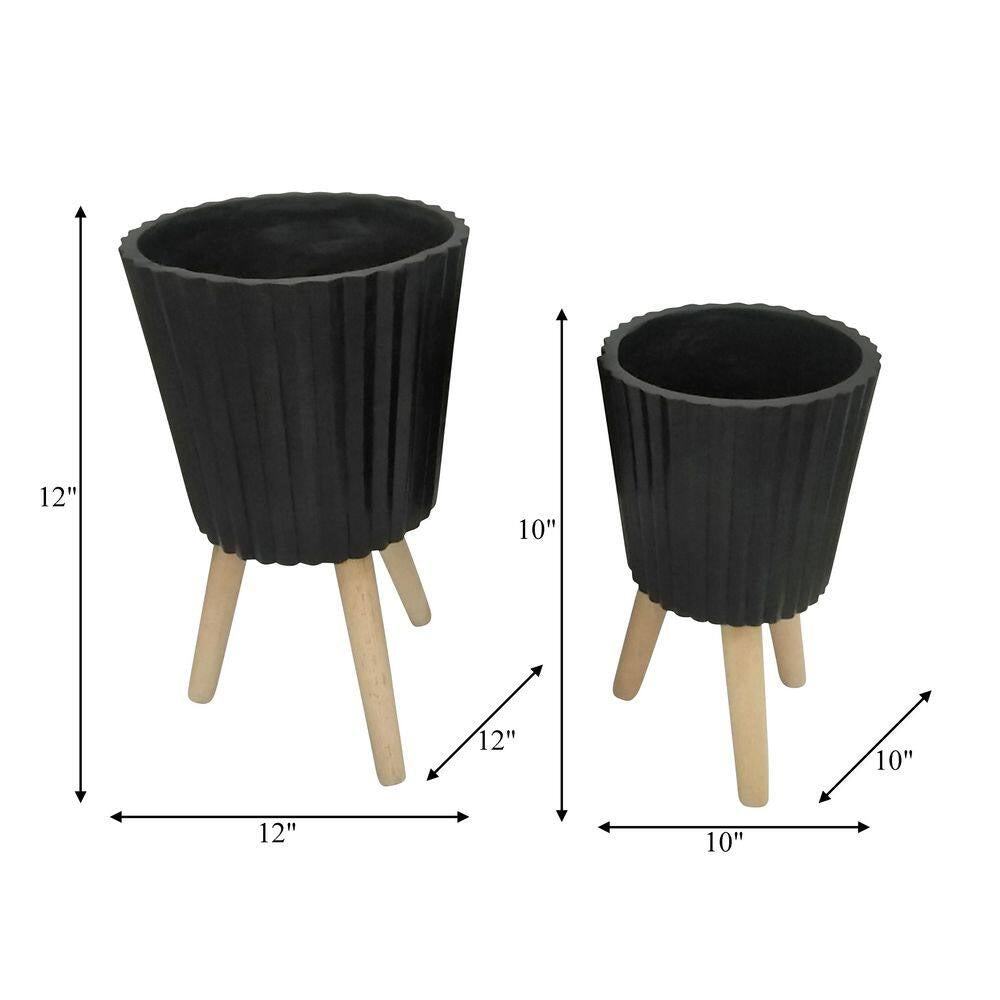 10 In. and 12 In. Black Resin Ridged Decorative Planter with Wood Legs (2-Pack)