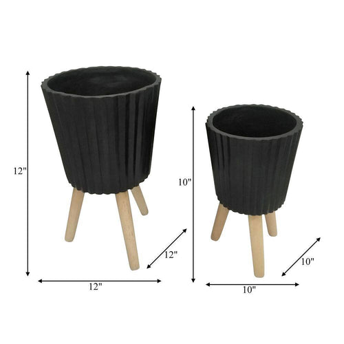 10 In. and 12 In. Black Resin Ridged Decorative Planter with Wood Legs (2-Pack)
