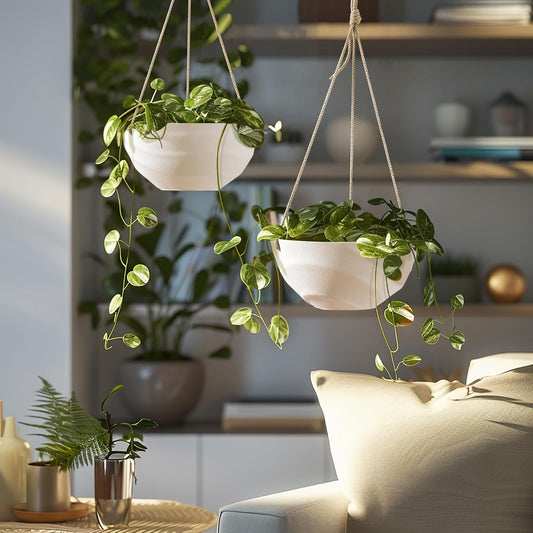10 Inch Hanging Planters for Indoor Plants, Outdoor Garden Planter Pots with Self-Watering Tray, Eggshell White, Set of 2