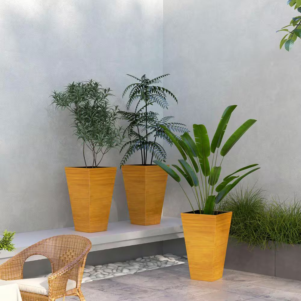 28 In. Tan Faux Wood Plastic Outdoor Planters, Large Taper Planters W/ Drainage Holes Plug for Garden, Patio, (Set of 3)