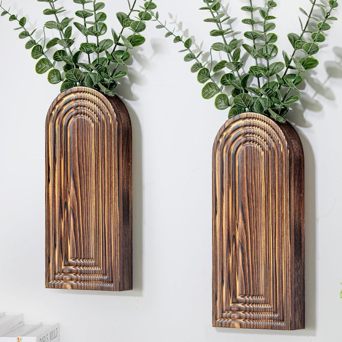 Wooden Wall Planter Vase Set of 2, Boho Hanging Planter for Indoor Plants & Flowers, Natural Wood Wall-Mounted Planters for Art Home Decor - Living Room, Bedroom, Bathroom, Patio (Brown)