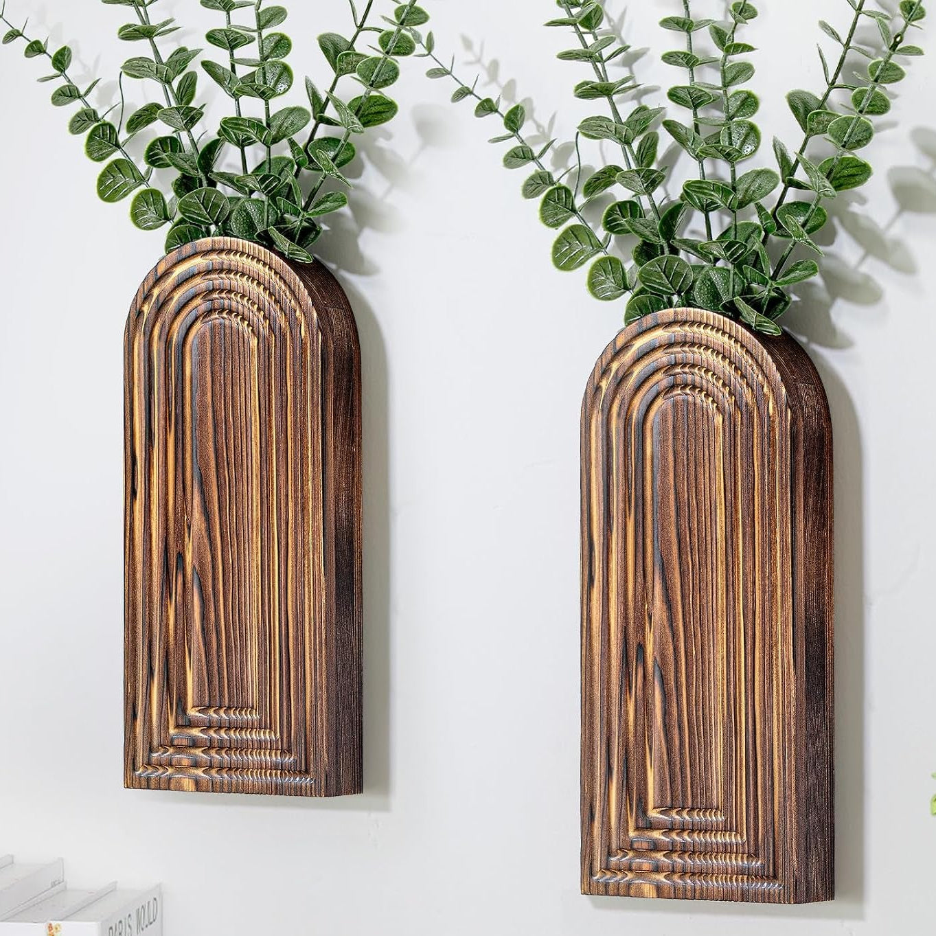 Wooden Wall Planter Vase Set of 2, Boho Hanging Planter for Indoor Plants & Flowers, Natural Wood Wall-Mounted Planters for Art Home Decor - Living Room, Bedroom, Bathroom, Patio (Brown)
