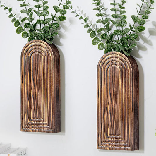 Wooden Wall Planter Vase Set of 2, Boho Hanging Planter for Indoor Plants & Flowers, Natural Wood Wall-Mounted Planters for Art Home Decor - Living Room, Bedroom, Bathroom, Patio (Brown)