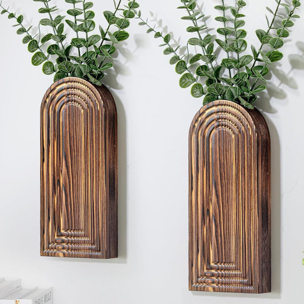 Wooden Wall Planter Vase Set of 2, Boho Hanging Planter for Indoor Plants & Flowers, Natural Wood Wall-Mounted Planters for Art Home Decor - Living Room, Bedroom, Bathroom, Patio (Brown)