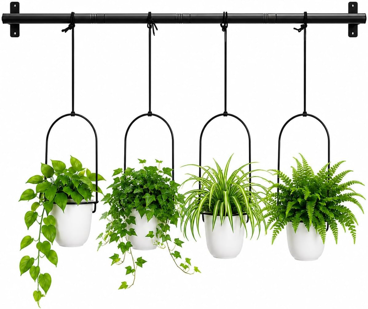 Adjustable Hanging Window Planter with 4 Pots, Space Saving Indoor Herb Garden Plant Hanger, Metal Vertical Plant Rack for Kitchen, Balcony & Home Deco41In-4 Flower Pots
