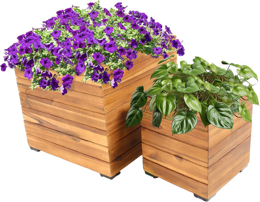 Sunnydaze Indoor/Outdoor Wooden Planter Boxes - 2 Acacia Wood Square Plant Pots with Removable Liners - Light Brown Stain